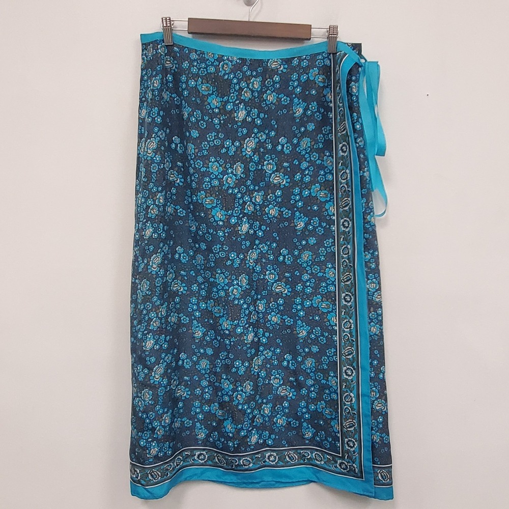 J Marco Womens 100% Silk Scarf Print Wrap Maxi Skirt Size L‎ Blue Floral Tie